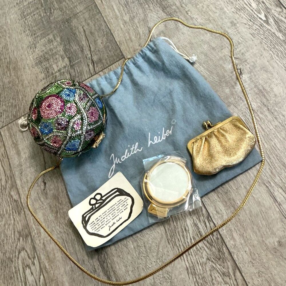 Authentic Vintage Judith Leiber Crystal Floral Orb Minaudière and Accessories